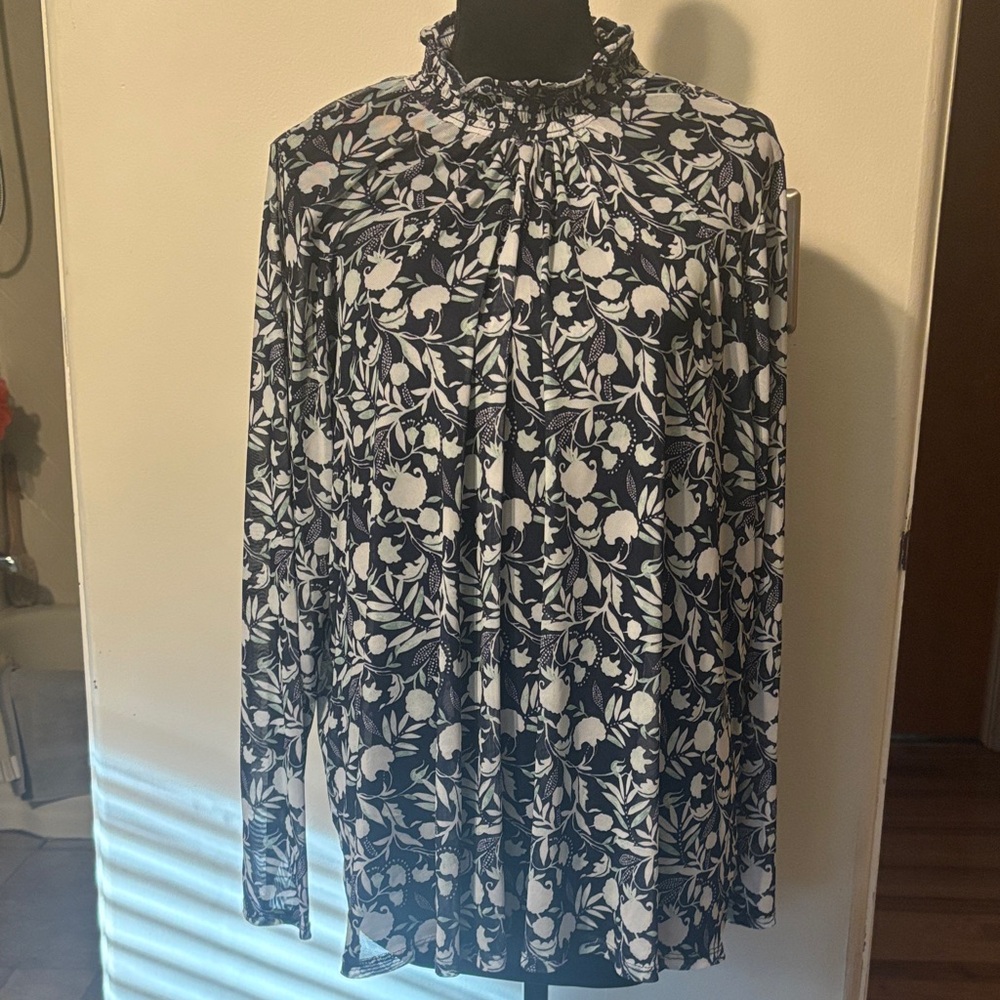 Floral navy, green & white semi- sheer blouse. Light and Flowy top.